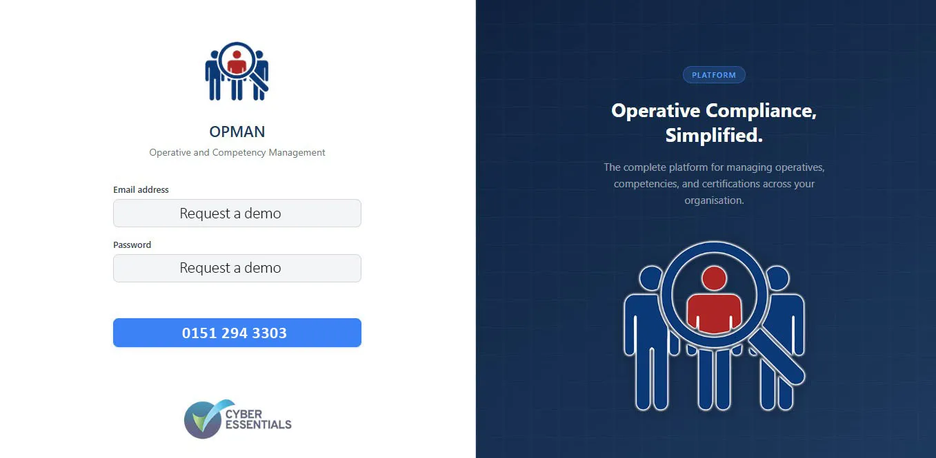 OPMAN platform login screen with workforce compliance messaging and a Cyber Essentials badge